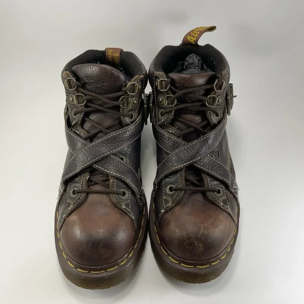 Dr. Martens 9946 Brown Leather Strap Boots Y2K Chunky Platform 10 UK, 11 US Goth